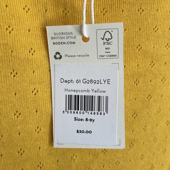 Mini Boden girls long sleeved T-shirt NWT size 8-9 yellow eyelet lace - Picture 6 of 6